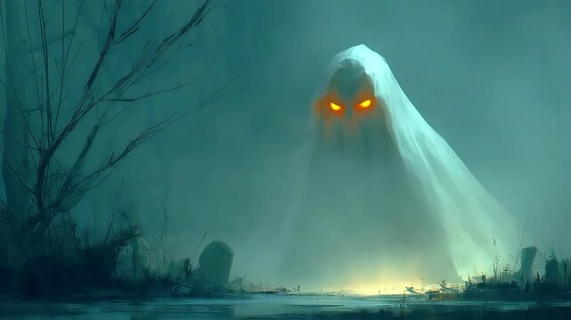 A haunting image of a ghostly figure in a foggy graveyard, evoking a sense of mystery, fear, and the supernatural. Ideal for Halloween themes or fanta