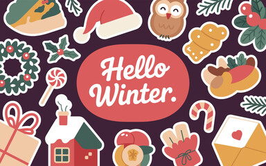 Fototapeta premium A festive holiday scene with various winter decorations and treats on a dark background