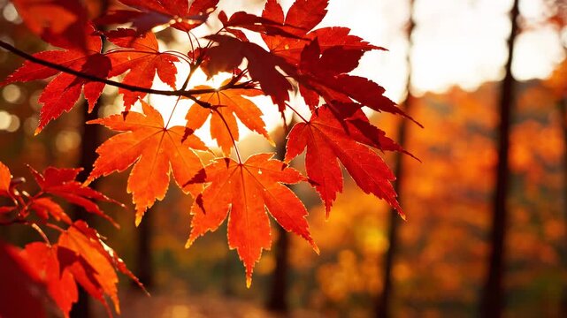 Golden Autumn Sunlight Shines Through Vibrant Red Maple Leaves in a Serene Forest Setting