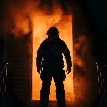 Brave firefighter stands silhouetted against a doorway engulfed in intense flames and smoke, ready to confront the blaze.