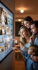 Fototapeta premium Family viewing old generation memories on big screen digital frame