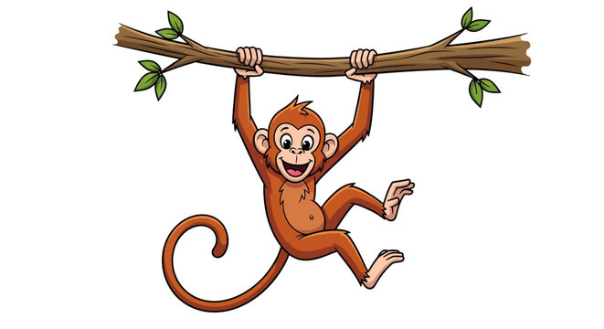 Cartoon monkey hanging from branch.
