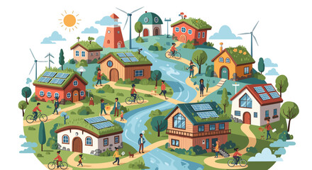 Naklejka premium A vibrant, sustainable community with eco-friendly homes, solar panels, wind turbines, and people enjoying green spaces and cycling.
