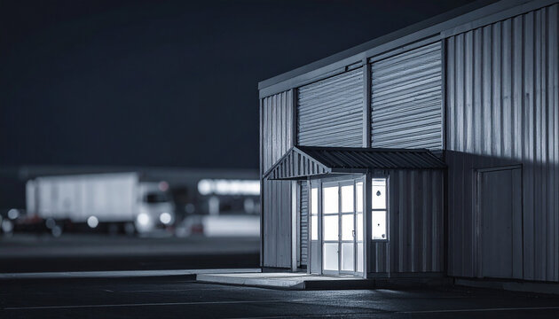 Industrial building entrance with bright illuminated doorway at night with blurred truck in background