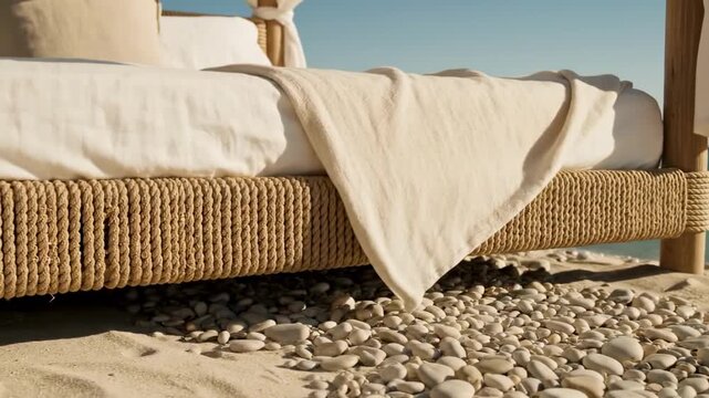 Textured rope-woven base and rounded pebbles enrich this crafted bed in beach detail, accented by cream throw fabric, calm turquoise sea, sunlit sand, and refined natural-luxury coastal design mood