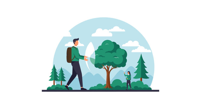 Man with backpack walking through a lush green forest with mountains in the background and a woman tending to a tree.