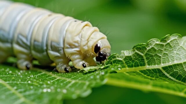 Close-up Macro View of a Caterpillar Feeding on a Green Leaf, Excellent for Advertising B Roll Content