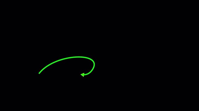 Green curved arrow motion path animation on black background, 4K video