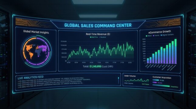 Futuristic Global Sales Analytics Command Center Dashboard.