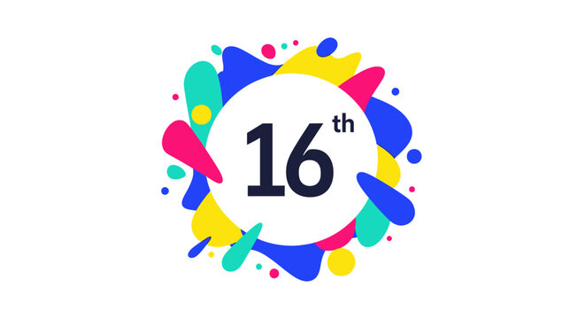 Vibrant 16th Anniversary Number with Colorful Abstract Splash Circle on White Background