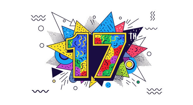 Dynamic 17th Anniversary Number with Abstract Geometric Memphis Style Elements on Isolated White Background