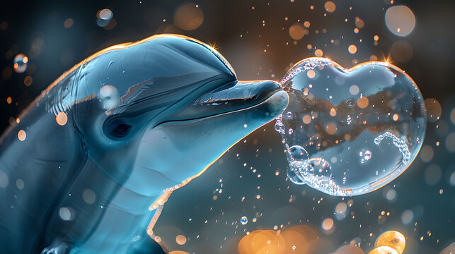 Dolphin blowing a heart shaped bubble ring underwater, creating a playful and imaginative marine scene in clear blue ocean waters.