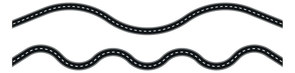 Fototapeta premium Simple graphic illustration of two long winding curvy black asphalt roads with white dashed lines for navigation