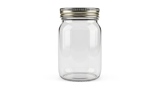 Clear glass mason jar with metallic lid on white background empty container for food storage mockup.