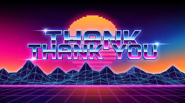 Thank you neon retro futuristic mountain landscape with pixelated text