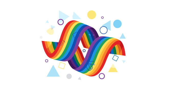 Vibrant rainbow ribbon twisted into an abstract S-shape, surrounded by colorful geometric shapes on a white background.