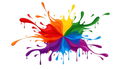 A vibrant explosion of rainbow-colored paint splatters creating a dynamic and energetic circular design on a white background. © agus