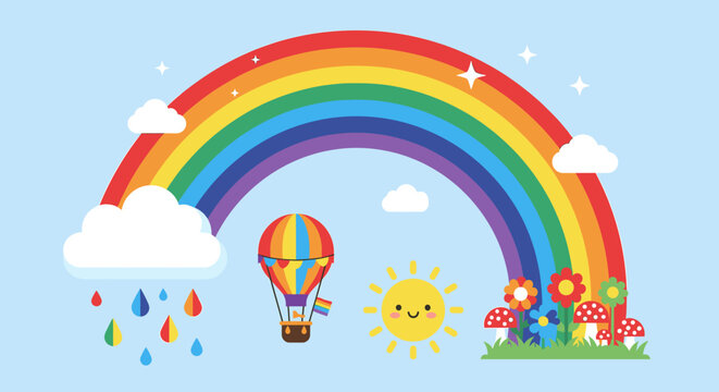 A vibrant cartoon illustration of a rainbow arching over a whimsical landscape with a hot air balloon, sun, clouds, and flowers.