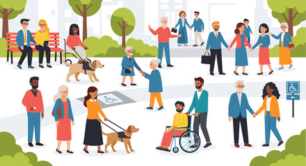 Fototapeta premium Diverse community of people with and without disabilities, including elderly individuals and guide dog users, interacting happily in an accessible park setting.
