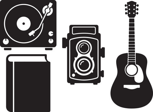 Hobbies icons including record player guitar camera