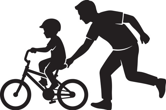 Father teaching child to ride bicycle outdoors
