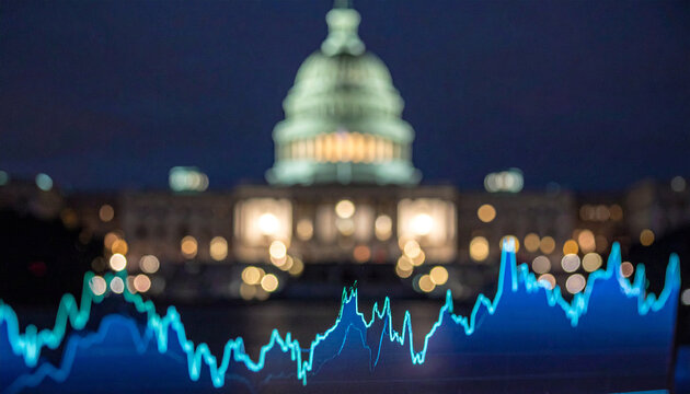 Night view of the US Capitol building in Washington DC with a glowing stock market graph overlay