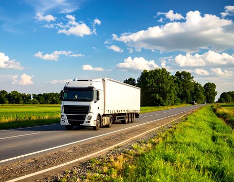 A white, long-haul vehicle travels on a highway through a picturesque landscape of vibrant green fields and lush trees under a bright, cloudy sky