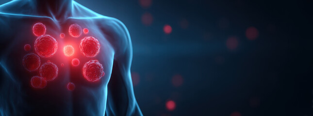 Naklejka premium Anatomical human torso with glowing red spheres in chest, abstract medical concept of infection, inflammation, or disease