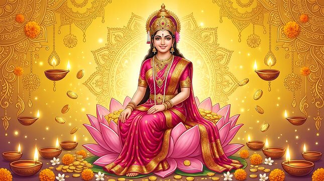 Beautiful goddess lakshmi in pink saree sitting on lotus with many lamps for sita navami and devi sita and devi lakshmi and hindu festival puja