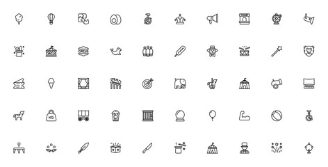 Circus icon set. Vector illustration pack. Includes cotton candy, hot air balloon, clown, magic hat, circus tent, carousel, popcorn, lion, elephant and more. © wang