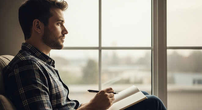 Thoughtful man sitting by the window with a notebook and pen, contemplating his future and writing down ideas and plans