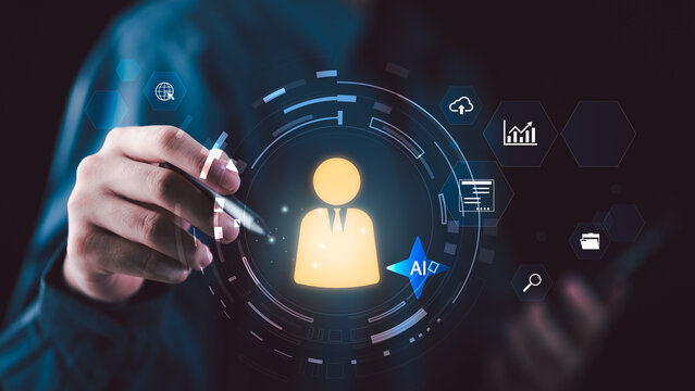 HR specialist leverages AI recruitment, smart hiring technology, talent screening, candidate analysis, data analytics, automation tools, workforce optimization, identify top talent efficiently
