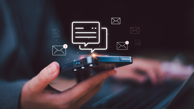 Digital marketer manages mobile email messaging communication with real time notification system, customer engagement strategy, secure mail platform, online interaction and data communication flow