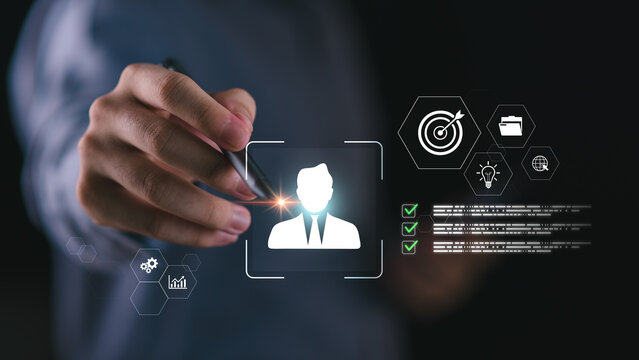 HR manager utilizes digital recruitment technology, candidate selection tools, talent screening, hiring strategy, data analytics, skill assessment, workforce planning, and performance evaluation