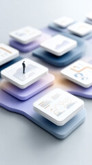 Fototapeta premium Strategic Vision: A miniature figure surveys a complex network of interconnected data visualizations, symbolizing the intricate interplay of modern analytics and the power of data-driven insights.
