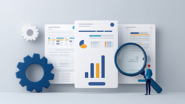 Data Analytics: A miniature figure surveys detailed data visualizations with a magnifying glass, flanked by gears, symbolizing precision and strategic insight in the realm of analysis.