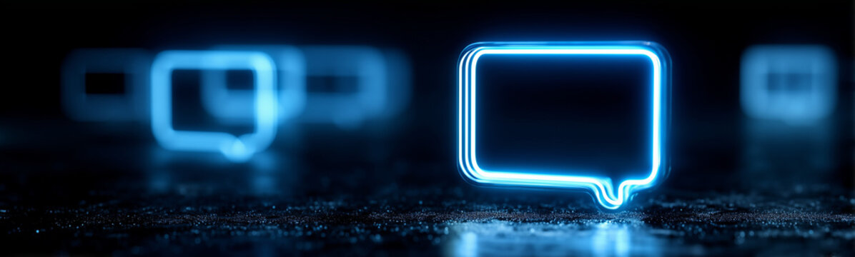 Digital Dialogue: A glowing speech bubble radiates with the promise of online communication, illuminated against a dark background, evoking the essence of virtual interaction.