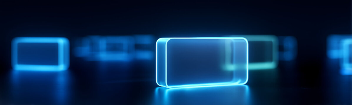 Digital Cube Display: A visually captivating composition features a selection of radiant, luminescent cubes, each imbued with a delicate, ethereal glow.