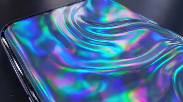 Close up smartphone iridescent display reflection swirl.
