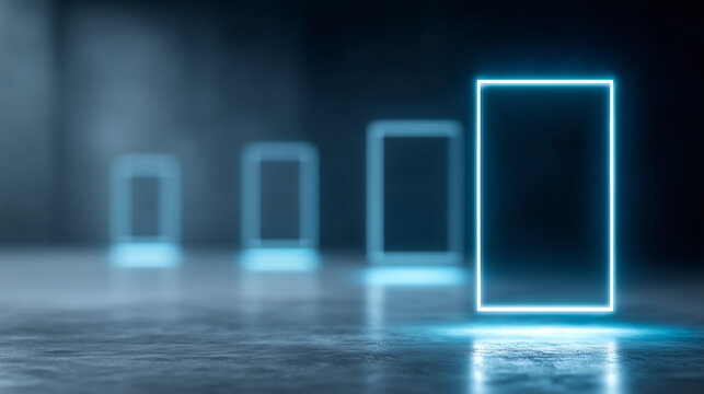 Illuminated Rectangle in Perspective: Modern technology concept. Four glowing, blue neon rectangles are arranged in a row with the foremost one illuminated, casting a soft glow on the surface.