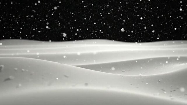 A serene winter landscape with falling snowflakes and a dark, starry night sky in monochrome