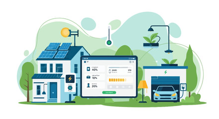 Fototapeta premium Smart Home Energy System: Solar Panels, EV Charging, and Battery Storage