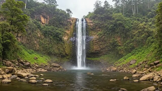 A beautiful waterfall cascades down a rocky cliff into a flowing river in nature embrace