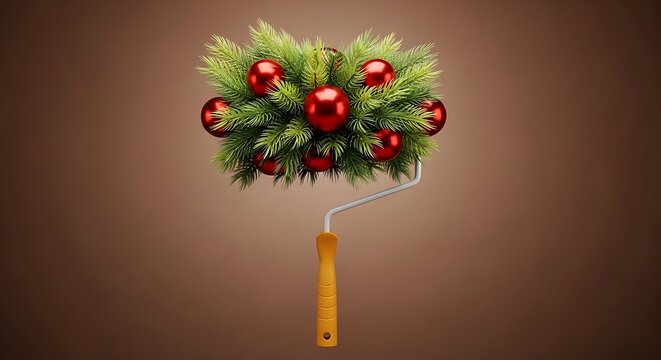 Christmas paint roller decorated with green pine branches and shiny red ornaments on brown background