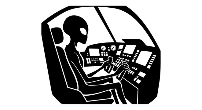 An alien is sitting in the cockpit of a spaceship, controlling the navigation system.