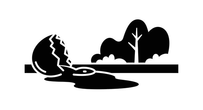 A black and white illustration of a cracked egg hatching into a dinosaur-like creature in a natural landscape