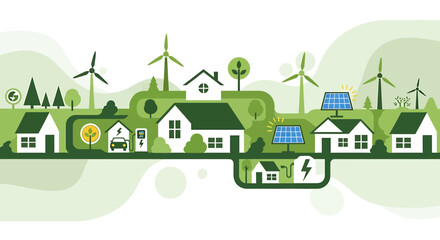 Fototapeta premium Sustainable energy for eco-friendly homes: solar panels, wind turbines, electric cars