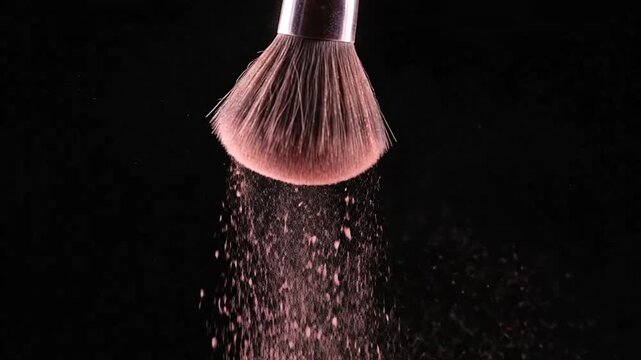 A makeup brush releasing pink powder against a dark background, creating an artistic effect