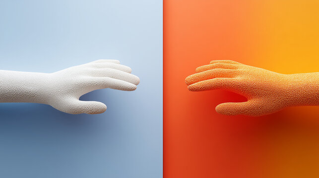 Abstract Hand Dynamics: A visual metaphor of two hands, one painted in a cool tone and the other in a warm tone, almost touching, symbolizing connection, contrast, and balance.