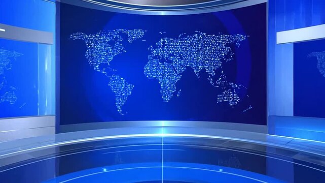 A modern, futuristic studio with a world map on the background for presentations and news